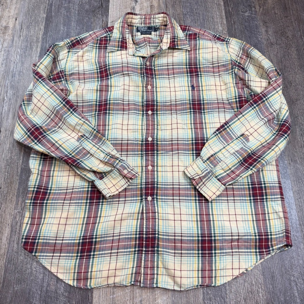 Polo Ralph Lauren Button Down Men XL Cream Plaid Lowell Sport Vintage Shirt